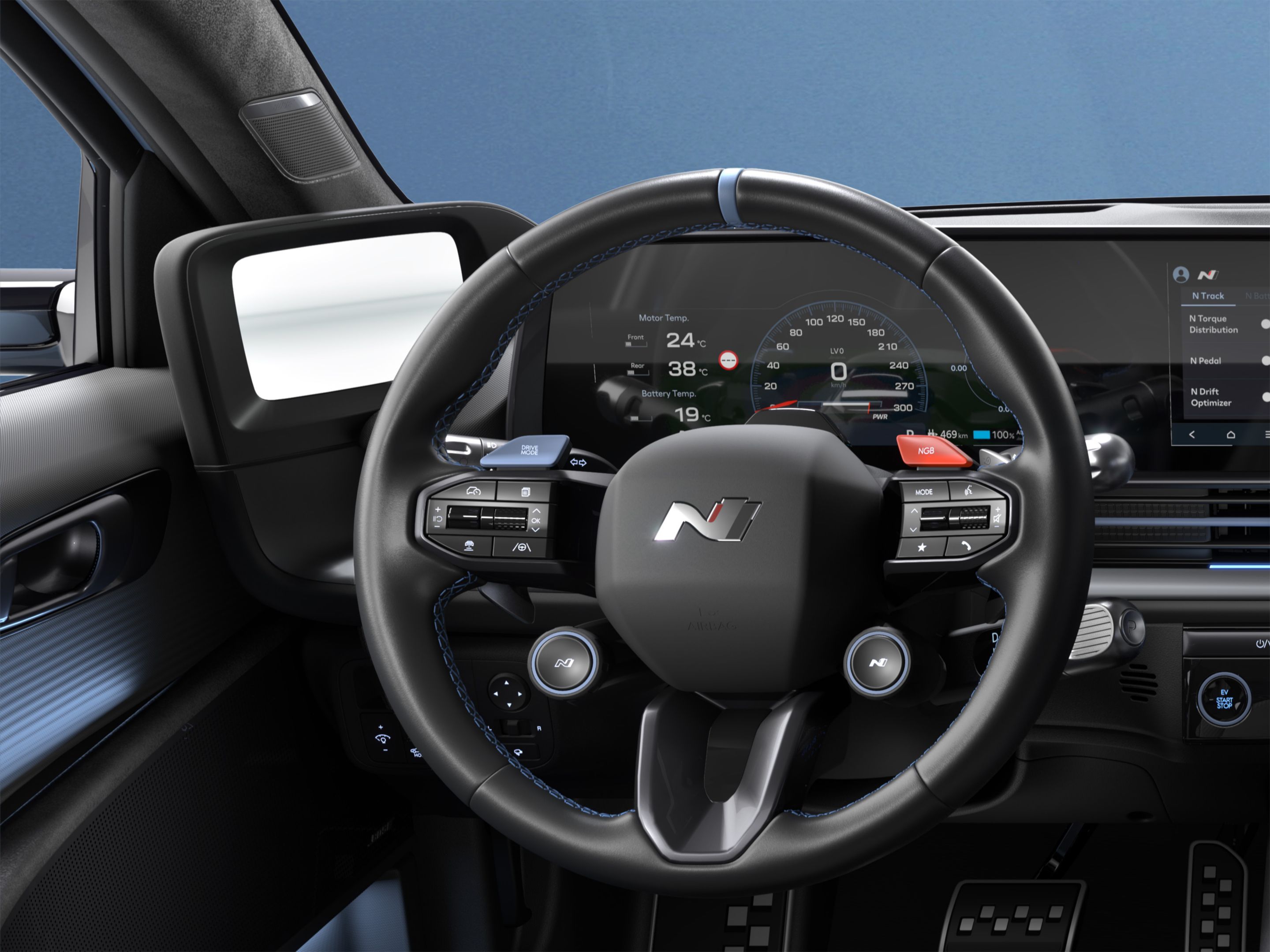 Hyundai IONIQ 6 N kormánykereke és digitális műszeregysége menetdinamikai adatok megjelenítésével.